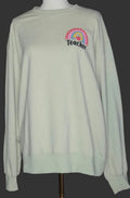 A sage green crewneck sweatshirt with a colorful rainbow and 'Teacher' text graphic on the left chest, displayed on a mannequin. A yellow hoodie hangs on a rack in the background.