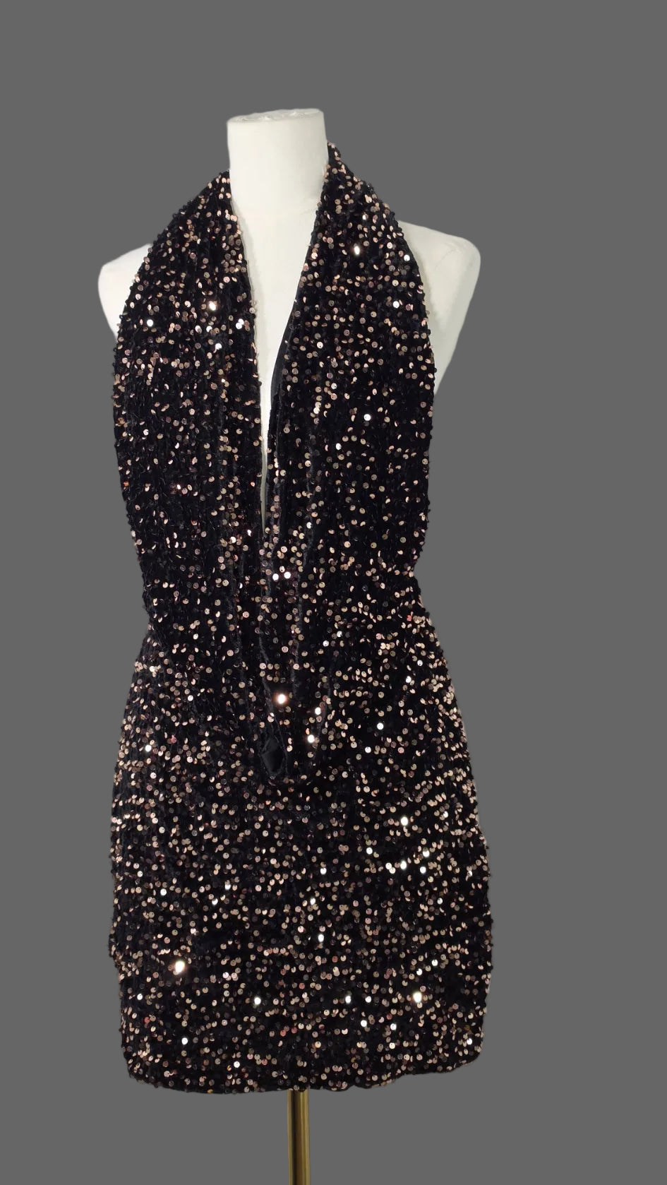 NOVAORILY Black Rose Gold Sequin Halter Mini Dress Open Back
