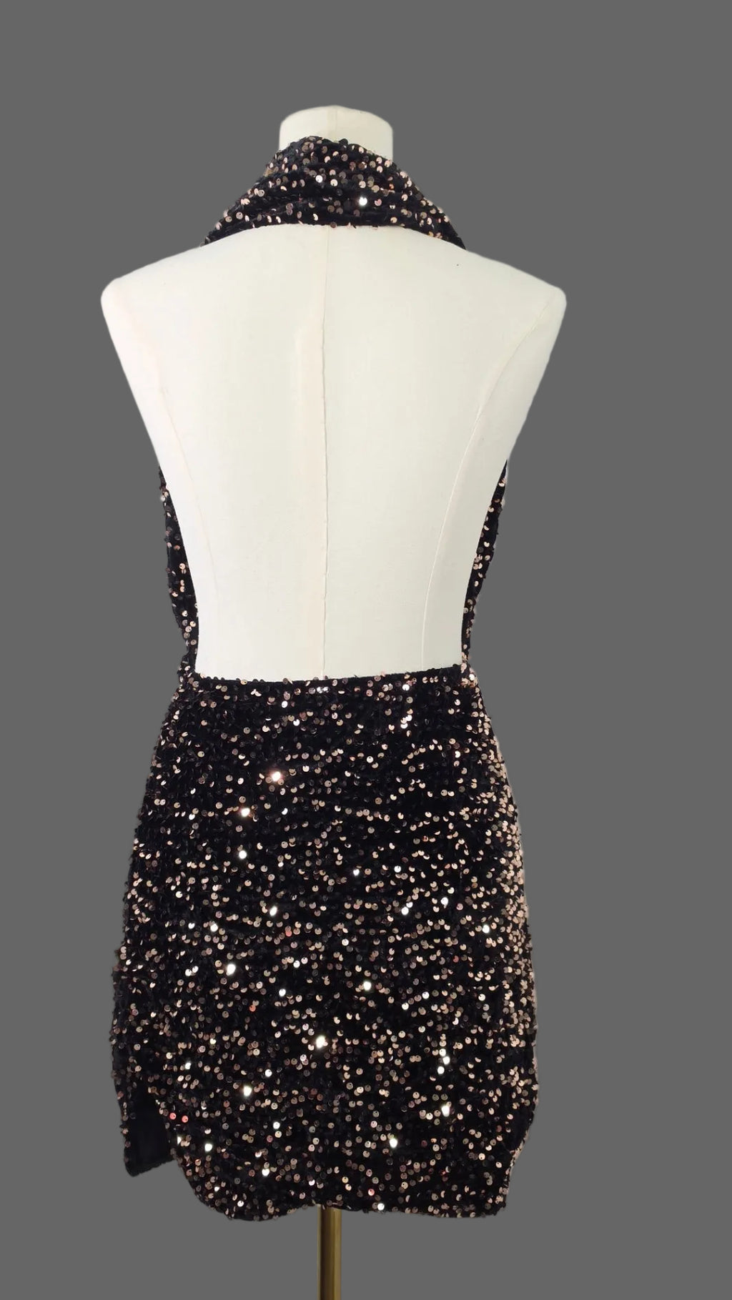 NOVAORILY Black Rose Gold Sequin Halter Mini Dress Open Back