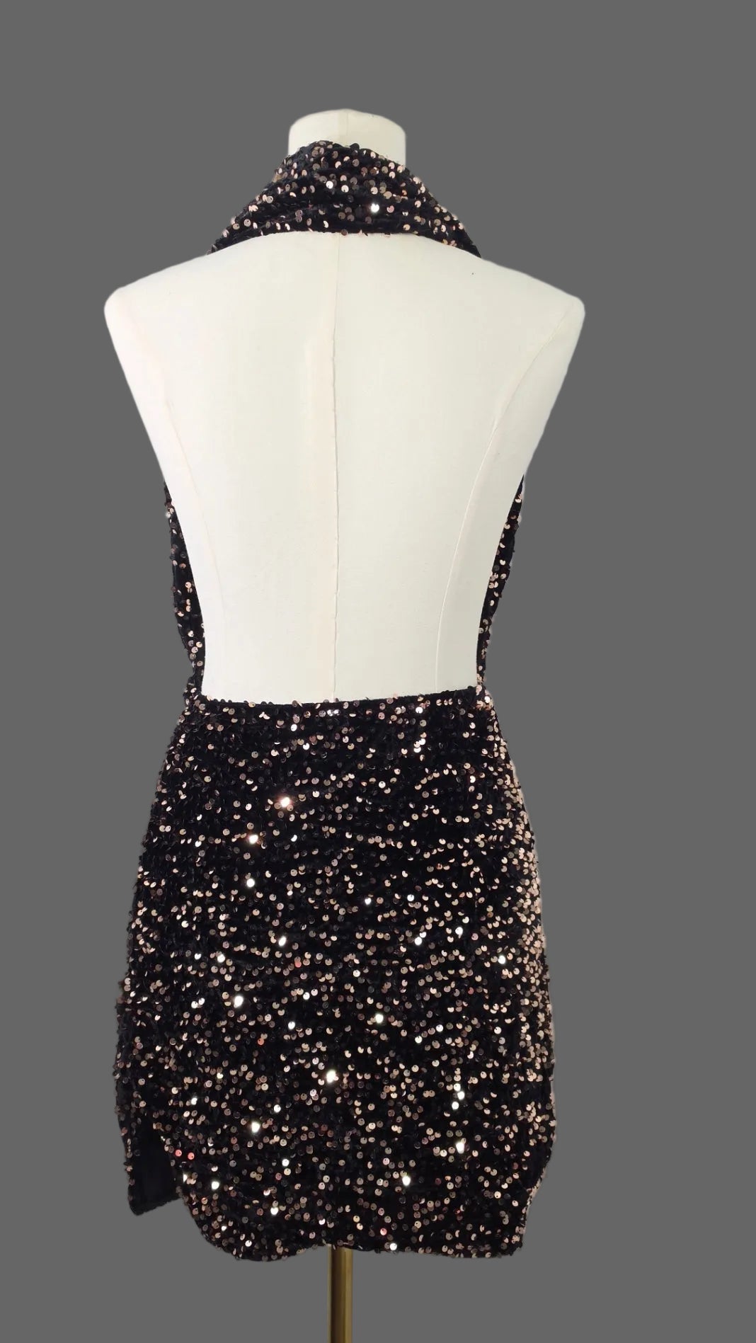 NOVAORILY Black Rose Gold Sequin Halter Mini Dress Open Back