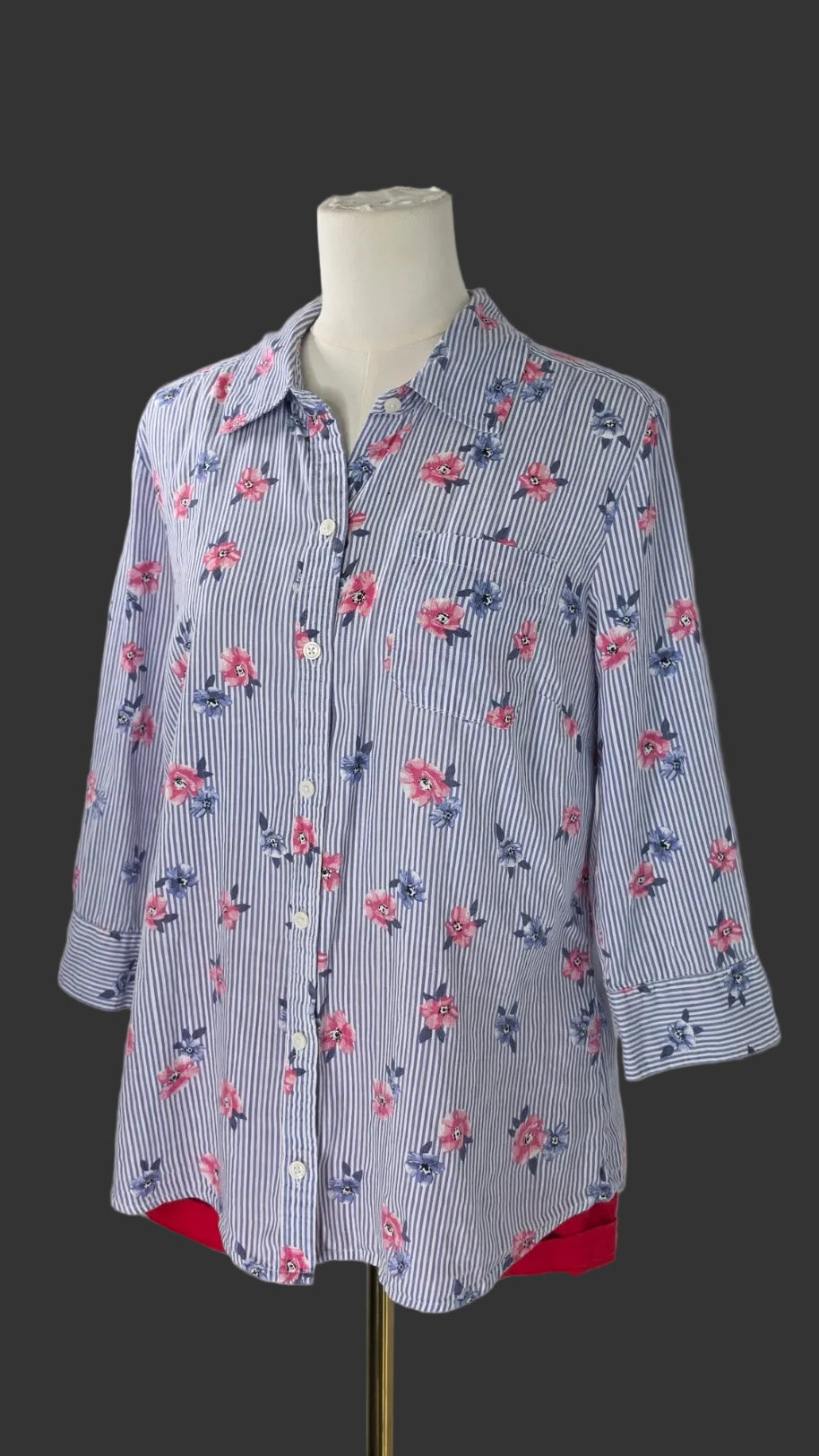 Karen Scott Blue Striped Floral Button-Down Shirt – Size M