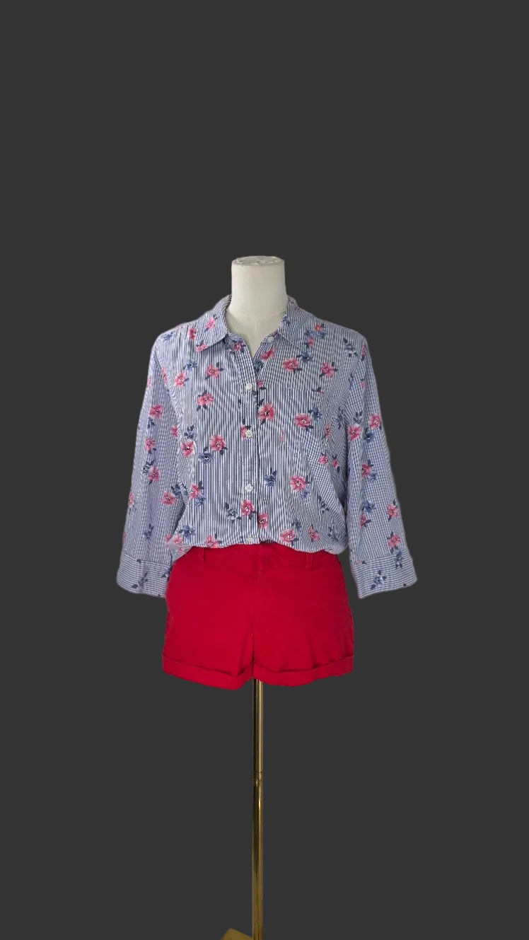Karen Scott Blue Striped Floral Button-Down Shirt – Size M