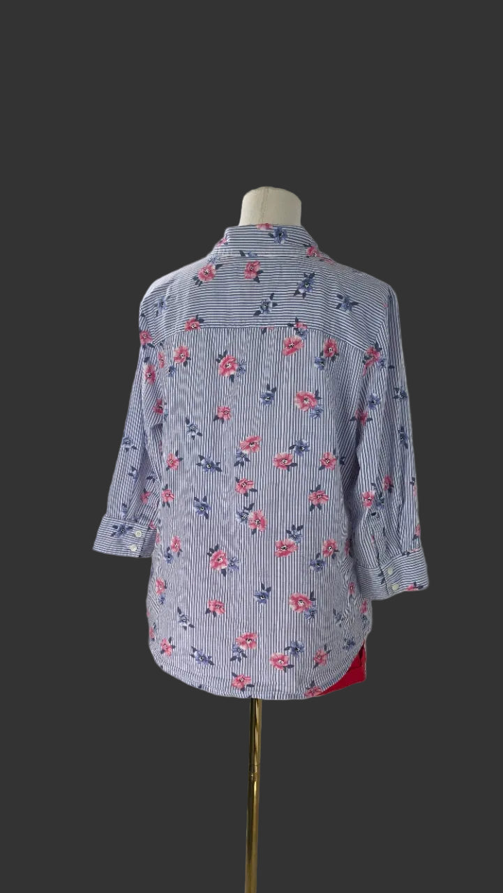 Karen Scott Blue Striped Floral Button-Down Shirt – Size M