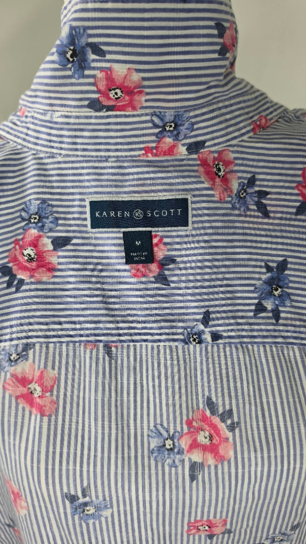 Karen Scott Blue Striped Floral Button-Down Shirt – Size M