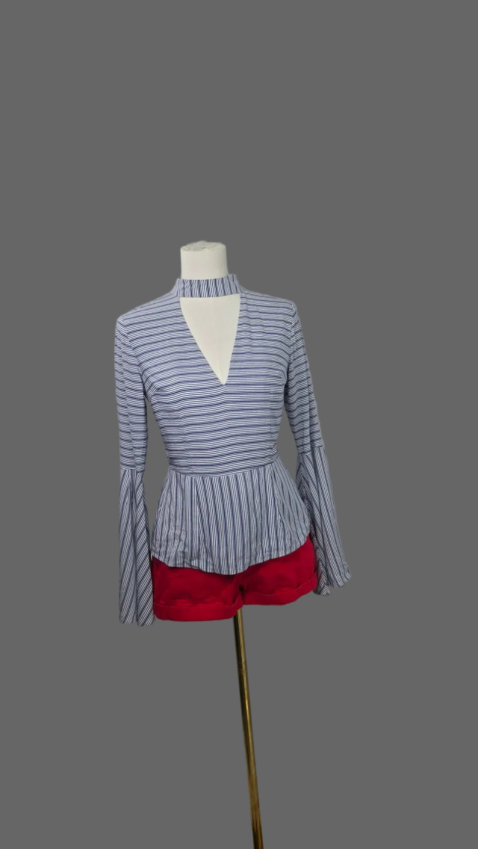 VENUS Blue & White Striped Bell Sleeve Peplum Blouse Size 2