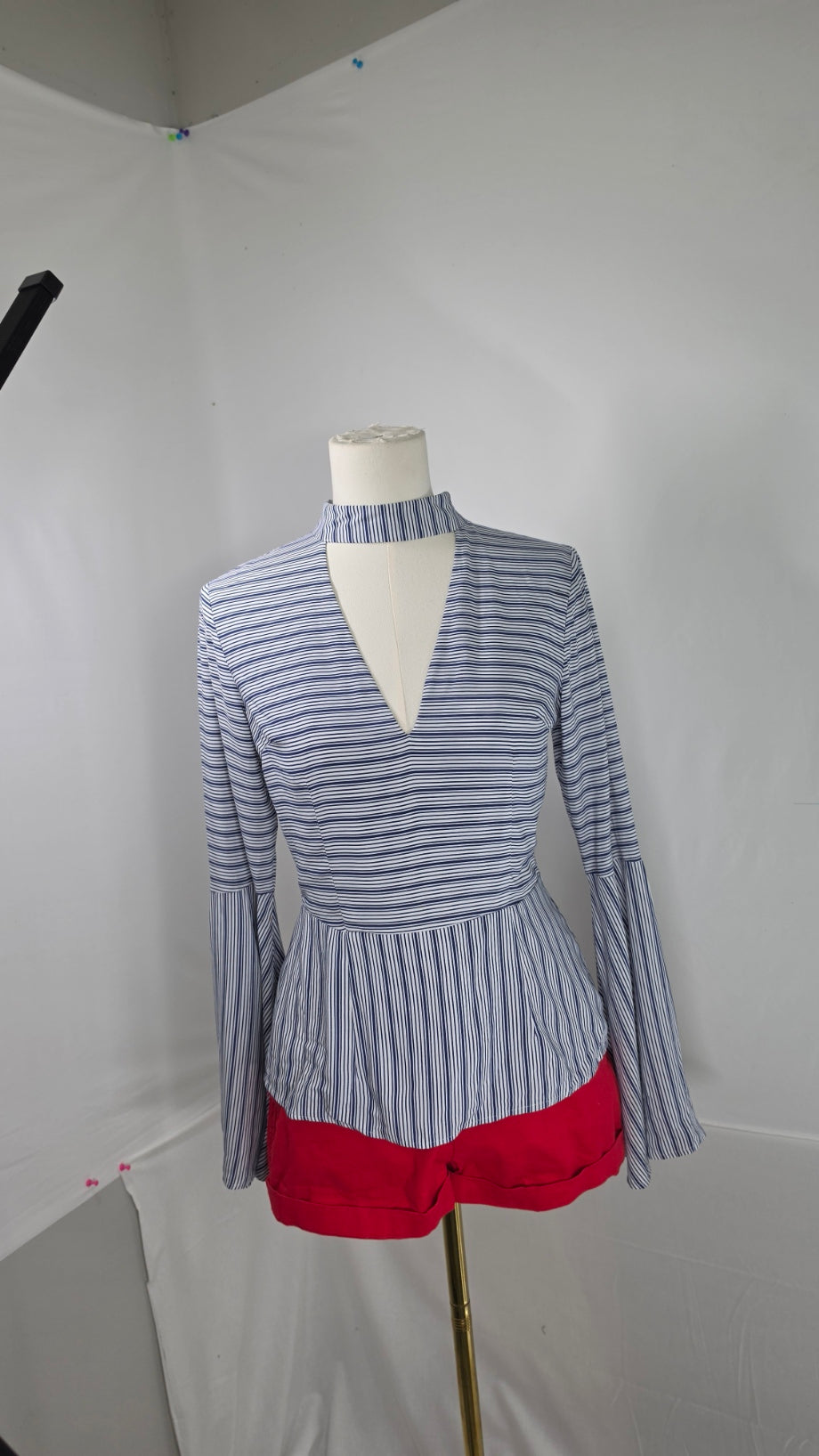 VENUS Blue & White Striped Bell Sleeve Peplum Blouse Size 2