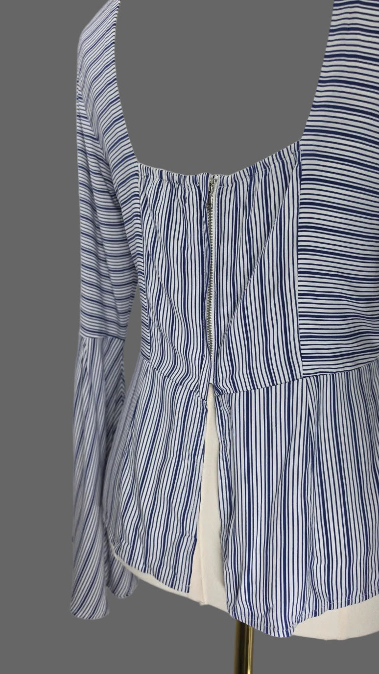 VENUS Blue & White Striped Bell Sleeve Peplum Blouse Size 2