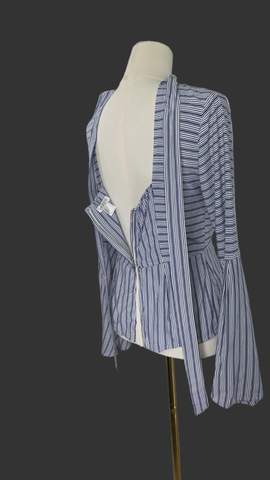 VENUS Blue & White Striped Bell Sleeve Peplum Blouse Size 2