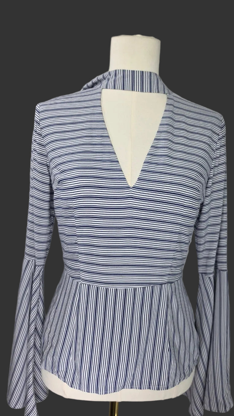 VENUS Blue & White Striped Bell Sleeve Peplum Blouse Size 2