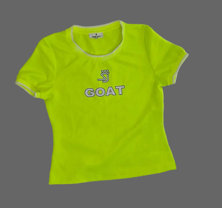 Shane Justin Runway Neon Yellow GOAT Graphic Puff Sleeve Top XL