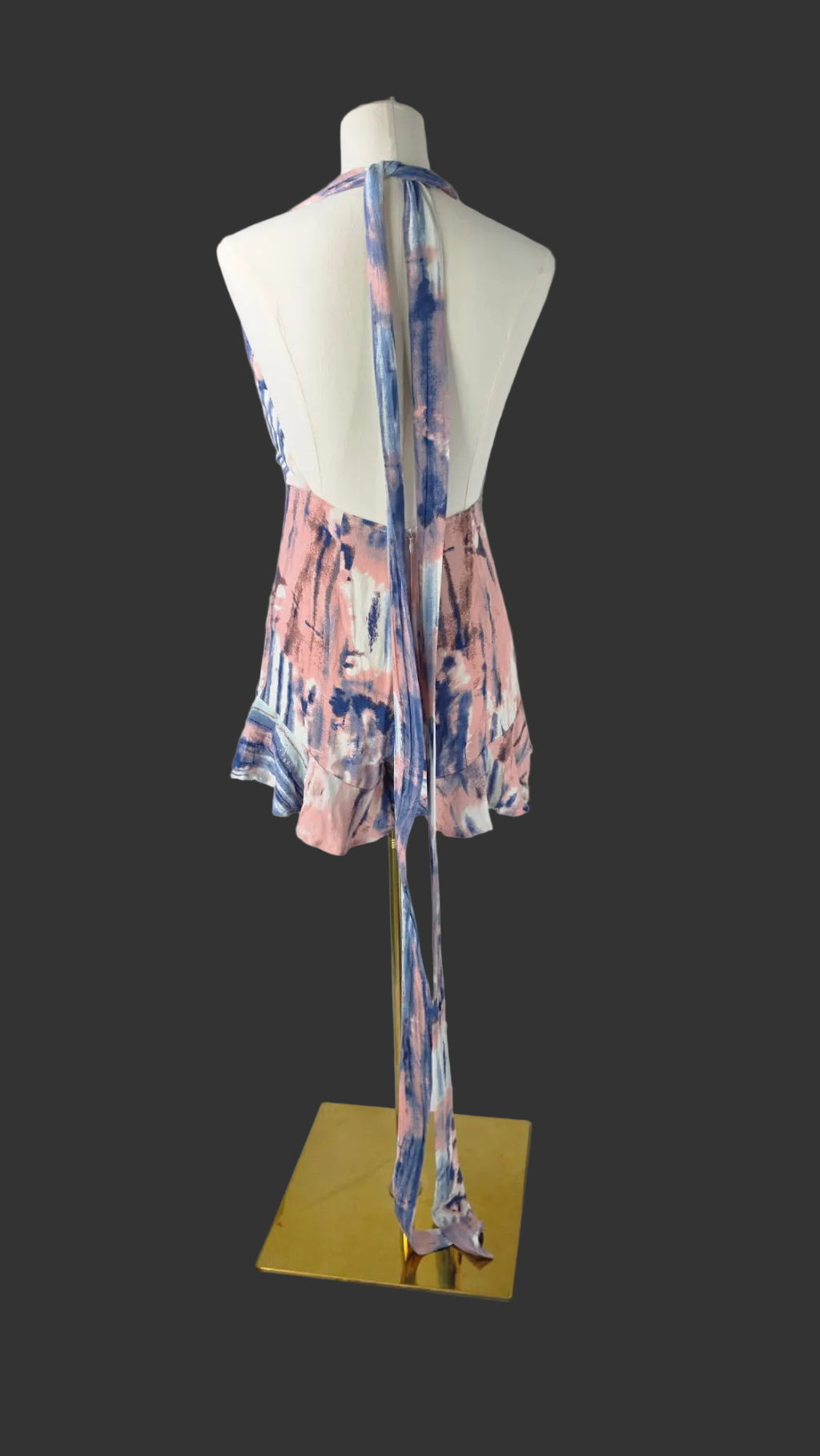Hello Molly Size 4 Pink Blue Abstract Halter Tie Back Ruffle Romper