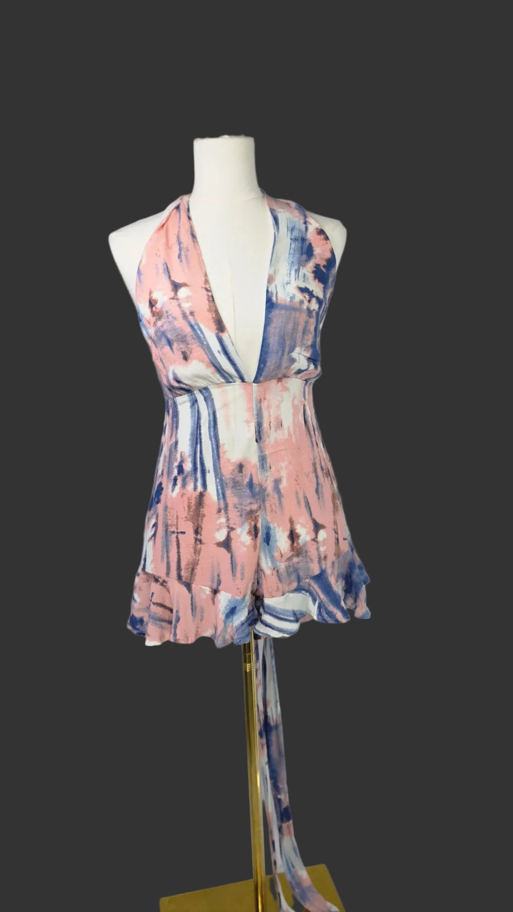 Hello Molly Size 4 Pink Blue Abstract Halter Tie Back Ruffle Romper