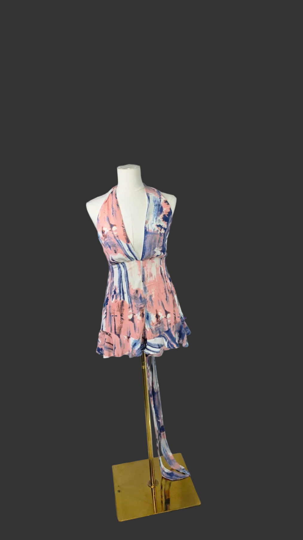Hello Molly Size 4 Pink Blue Abstract Halter Tie Back Ruffle Romper