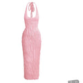 Micas Pink Sheer Ruffle Textured Halter Maxi Dress Open Back