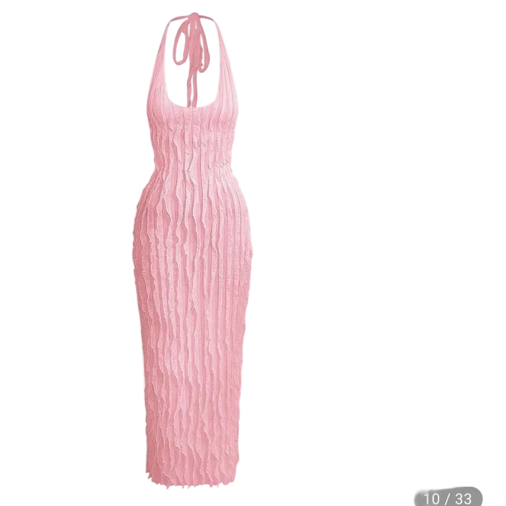Micas Pink Sheer Ruffle Textured Halter Maxi Dress Open Back