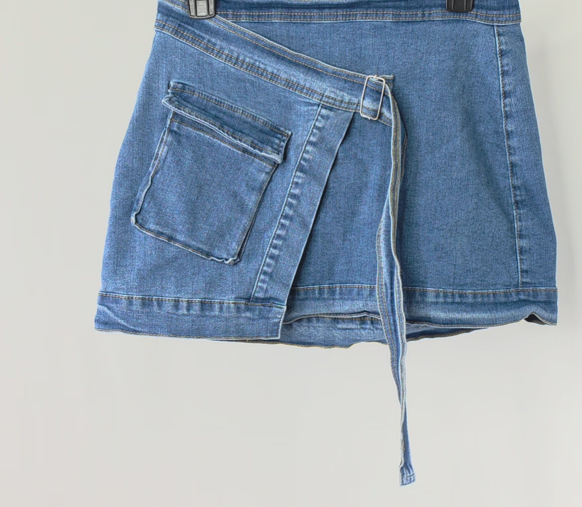 Women’s Denim Mini Skirt Size L Belted Stretch Blue Jean Utility Skirt