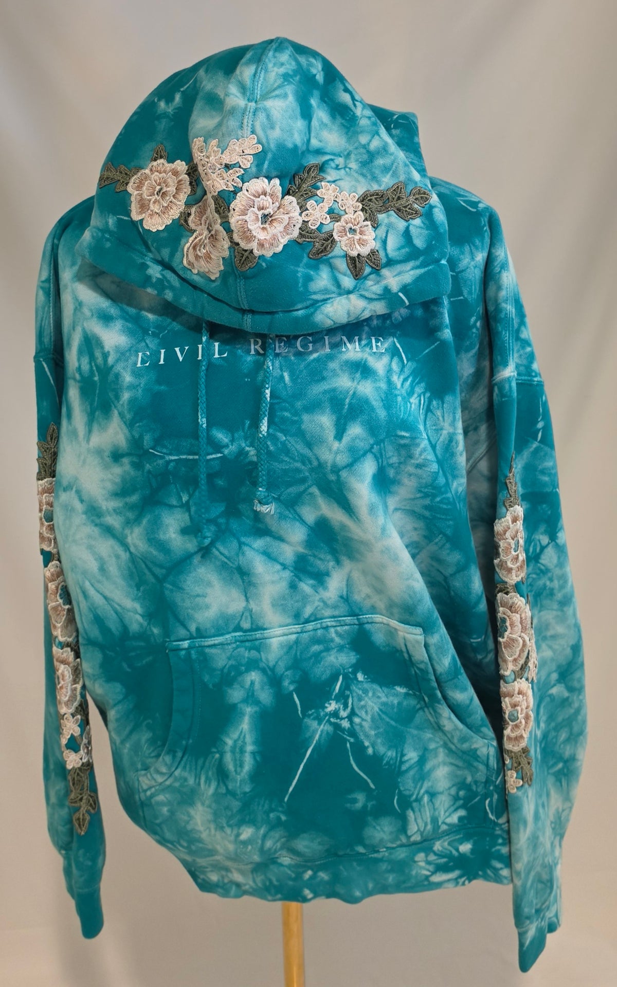 Civil Regime Teal Tie Dye Floral Embroidered Pullover Hoodie